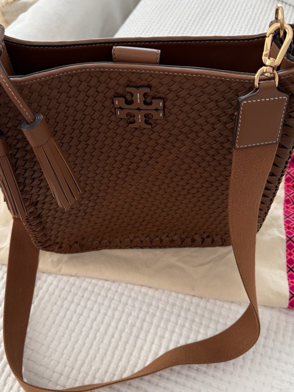 Tory Burch Brown Woven Leather Shoulder Bag with Tassel